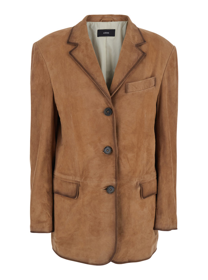 Modena Beige Single-Breasted Jacket With Classic Lapels Suede Woman Goat Blazers