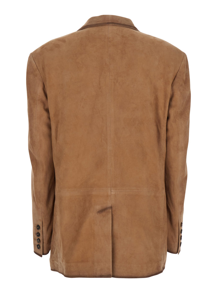 Modena Beige Single-Breasted Jacket With Classic Lapels Suede Woman Goat Blazers
