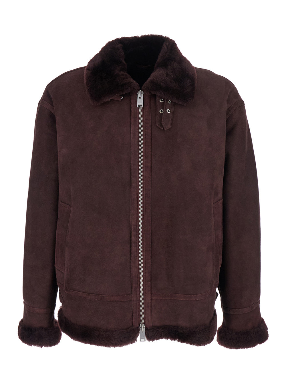 Sano Bordeaux Shearling Jacket with Belt Detail and Fur Trims in Suede Woman Lamb Furs