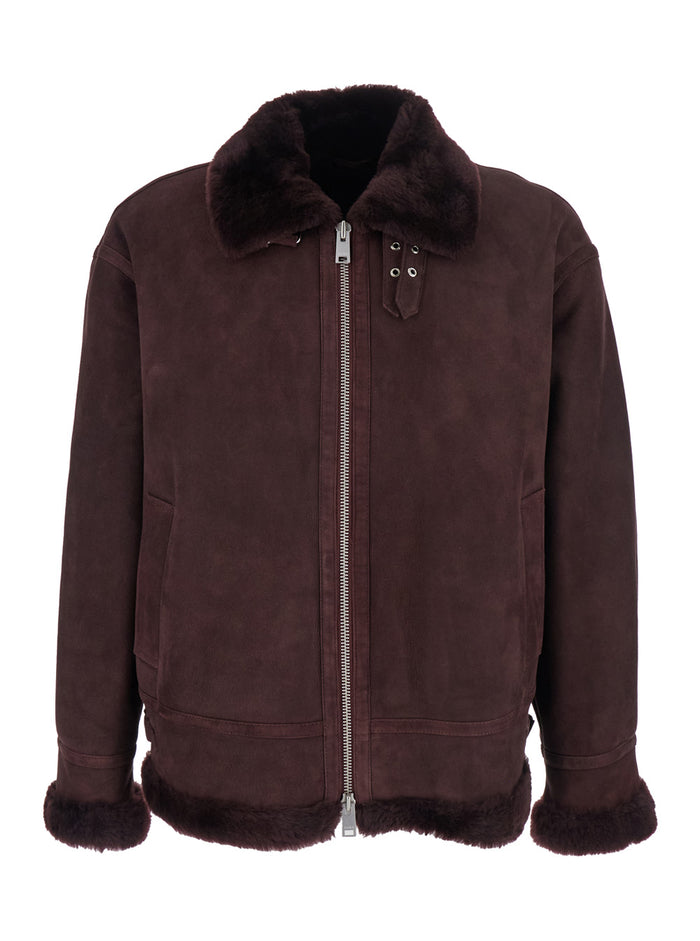 Sano Bordeaux Shearling Jacket with Belt Detail and Fur Trims in Suede Woman Lamb Furs