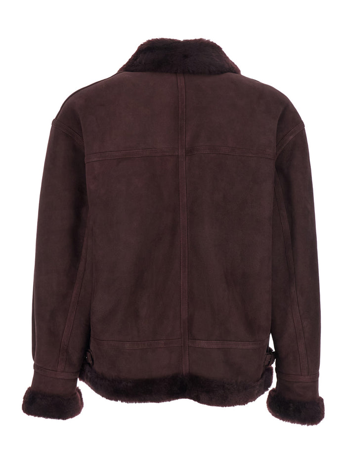 Sano Bordeaux Shearling Jacket with Belt Detail and Fur Trims in Suede Woman Lamb Furs