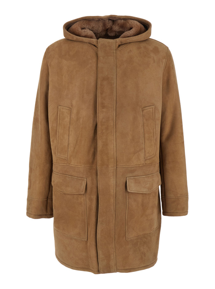 Mias Beige Shearling Jacket With Hood And Front Zip Closure Suede Woman Brown Lamb Furs