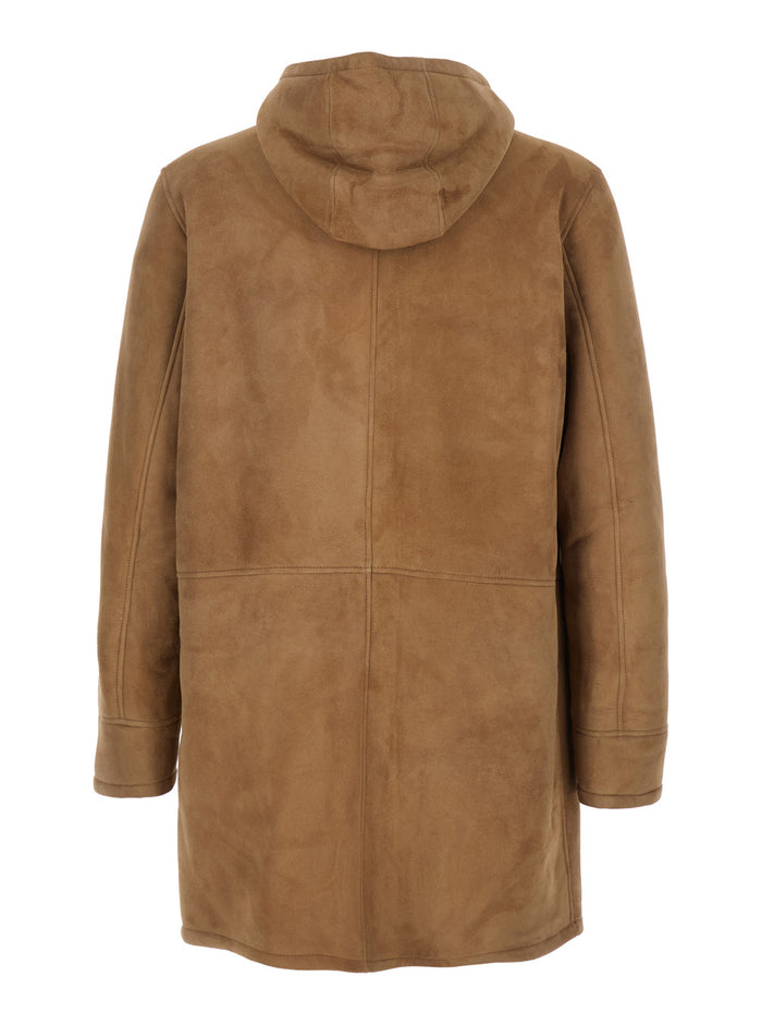 Mias Beige Shearling Jacket With Hood And Front Zip Closure Suede Woman Brown Lamb Furs