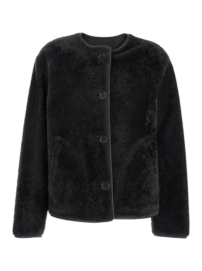 Lucine Green Reversible Crewneck Jacket With Two Front Welt Pockets Fur And Leather Woman Lamb