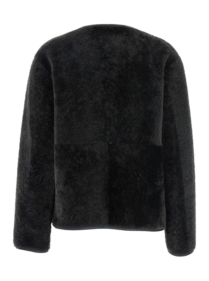 Lucine Green Reversible Crewneck Jacket With Two Front Welt Pockets Fur And Leather Woman Lamb
