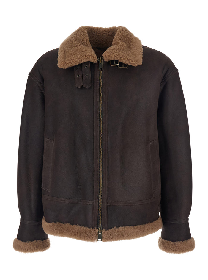 Brown Shearling Jacket With Zip Closure Leather Man Lamb And Furs