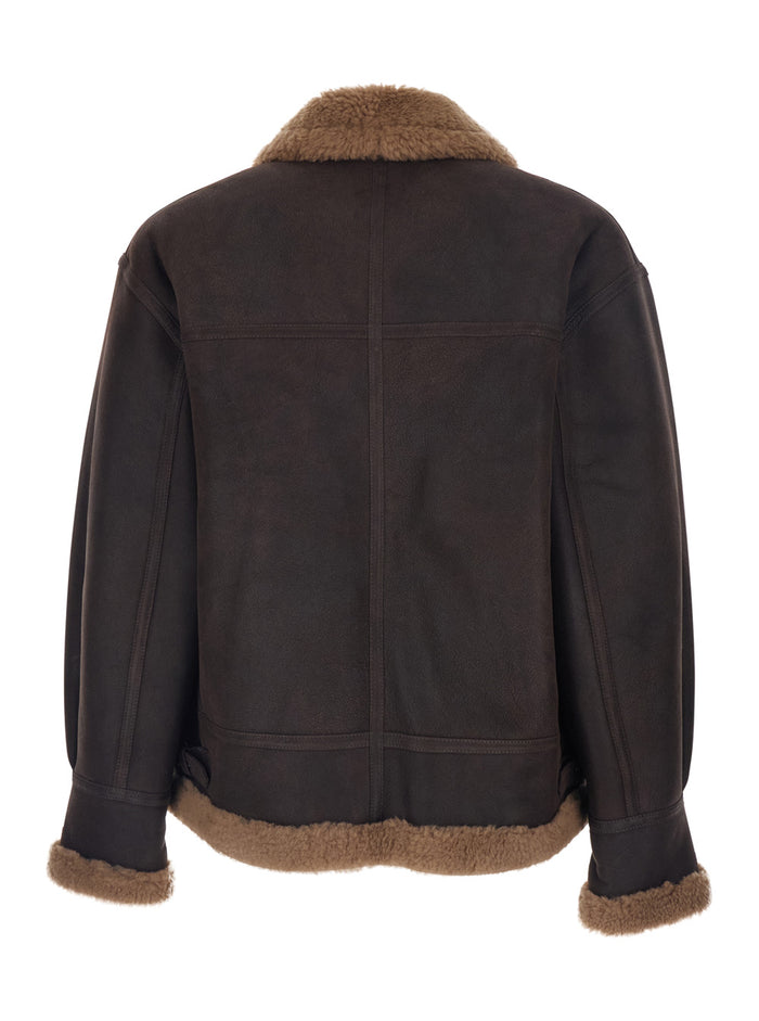 Brown Shearling Jacket With Zip Closure Leather Man Lamb And Furs