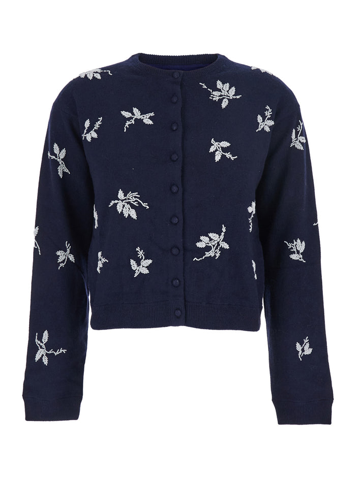 Blue Crew Neck Cardigan with Floral Embroidery in Cotton Blend Woman Blu Jersey