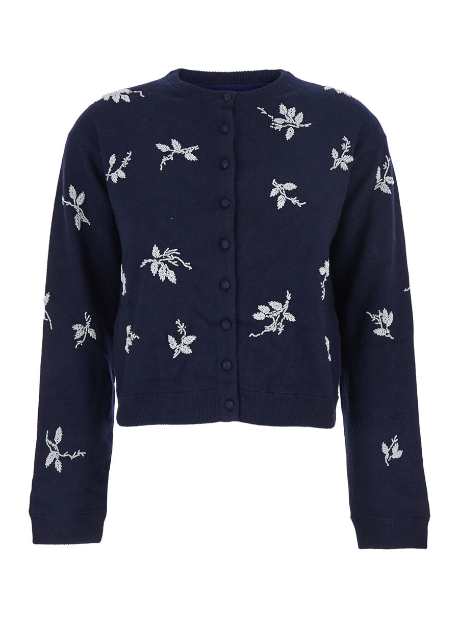 Blue Crew Neck Cardigan With Floral Embroidery Cotton Blend Tops