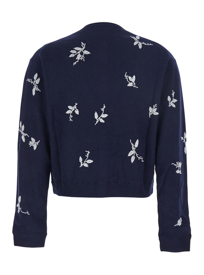 Blue Crew Neck Cardigan with Floral Embroidery in Cotton Blend Woman Blu Jersey