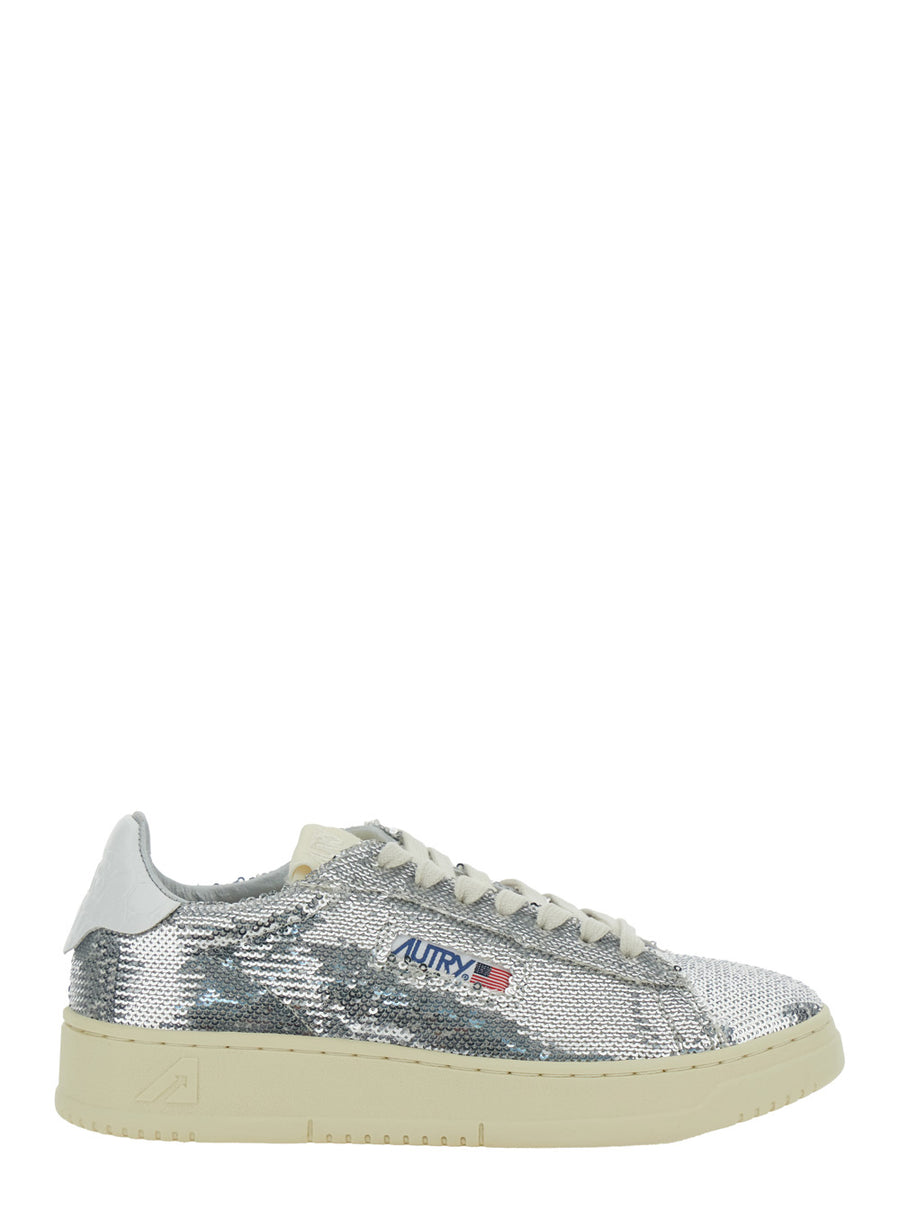 Silver-Colored Sneaker With Bead Embellishment Metallic Leather Blend Trainers