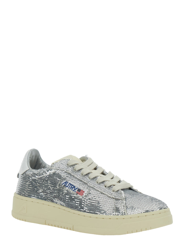 Medalist Silver-Colored Sneaker with Contrasting Heel and All-Over Bead Embellishment in Leather Blend Woman Metallic