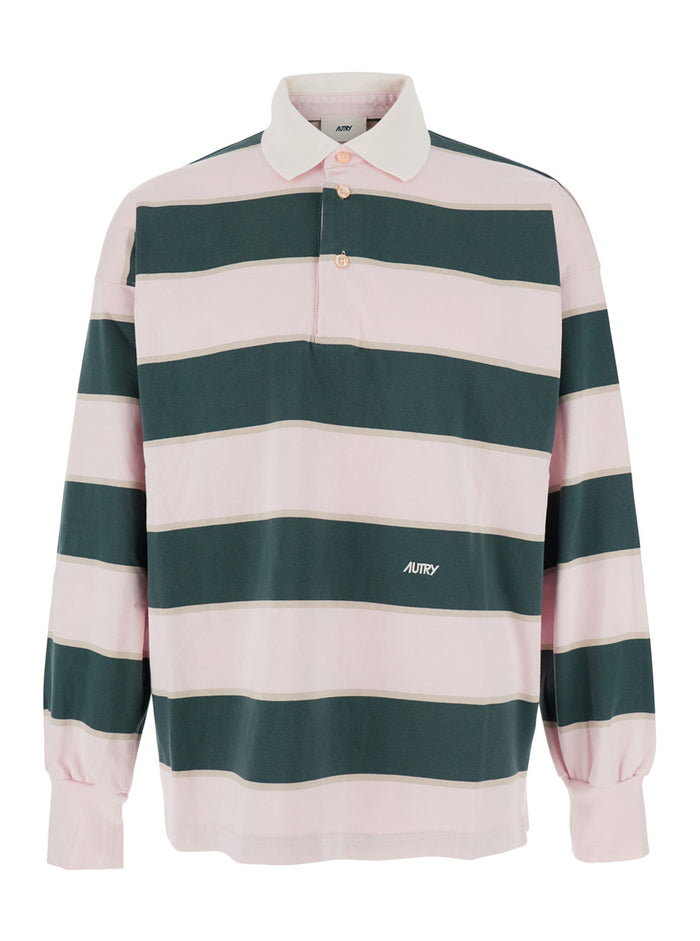 Pink Polo Shirt with Classic Collar and All-Over Striped Motif in Cotton Man Tshirts