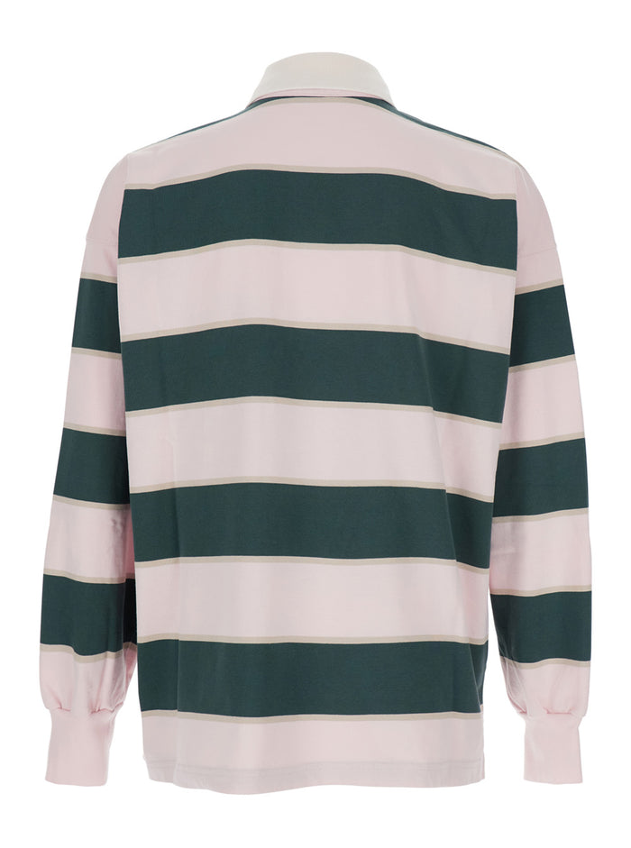 Pink Polo Shirt with Classic Collar and All-Over Striped Motif in Cotton Man Tshirts