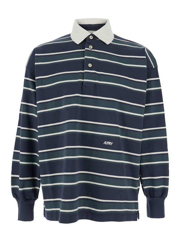 Blue Polo Shirt With Striped Motif Cotton T-shirts