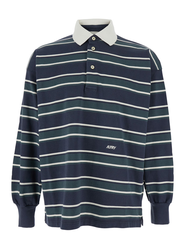 Blue Polo Shirt with Classic Collar and All-Over Striped Motif in Cotton Man Blu Tshirts