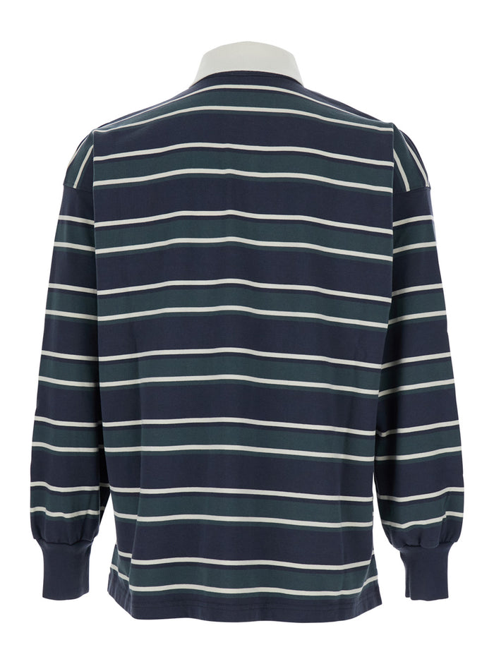 Blue Polo Shirt with Classic Collar and All-Over Striped Motif in Cotton Man Blu Tshirts