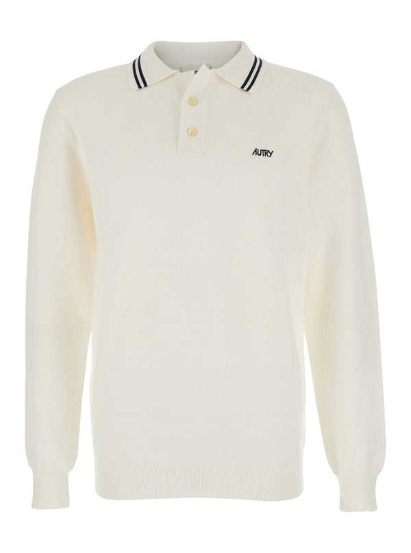 White Long-Sleeve Polo Shirt With Striped Collar Wool T-shirts