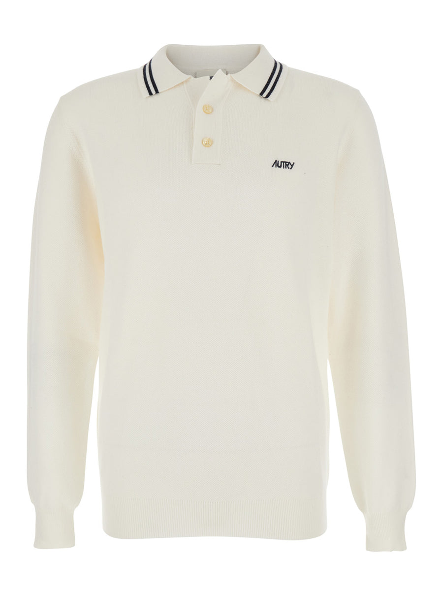 White Long-Sleeve Polo Shirt With Striped Collar Wool T-shirts