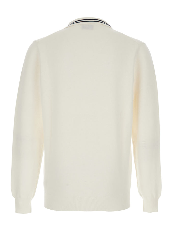 White Long-Sleeve Polo Shirt with Striped Collar and Logo Lettering Embroidery on the Front in Wool Cotton Blend Man Tshirts