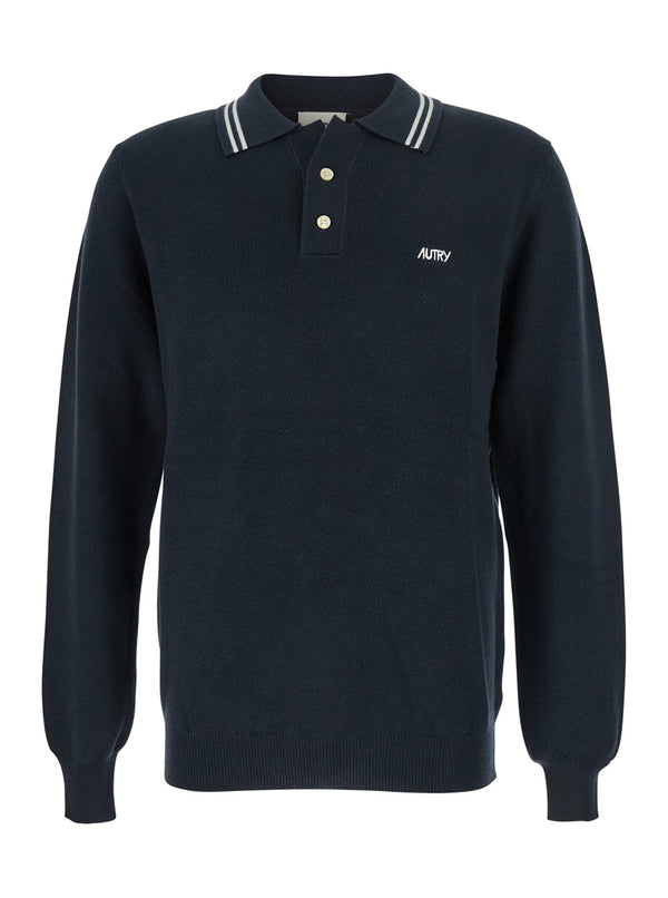 Blue Long-Sleeve Polo Shirt With Striped Collar Wool And Cotton Blend T-shirts