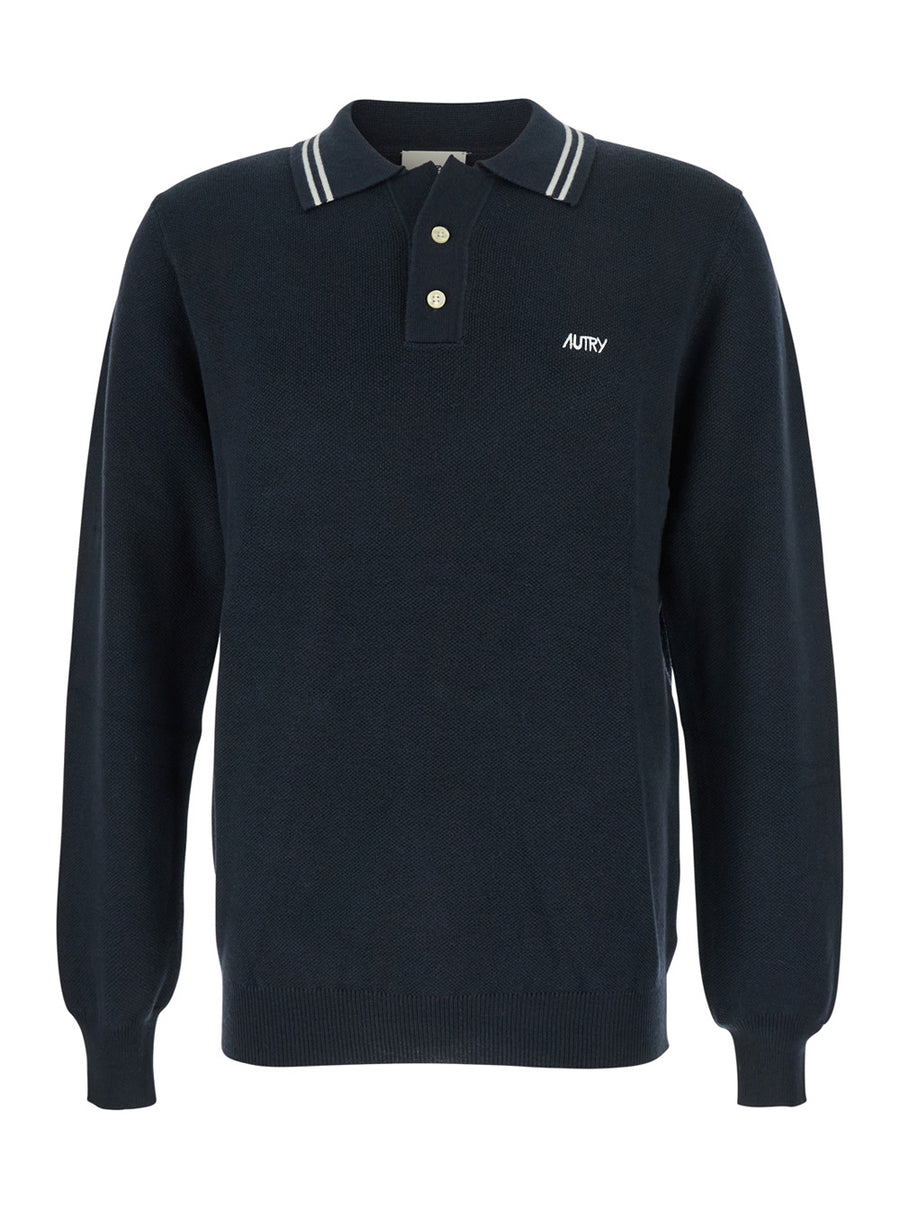 Blue Long-Sleeve Polo Shirt With Striped Collar Wool And Cotton Blend T-shirts