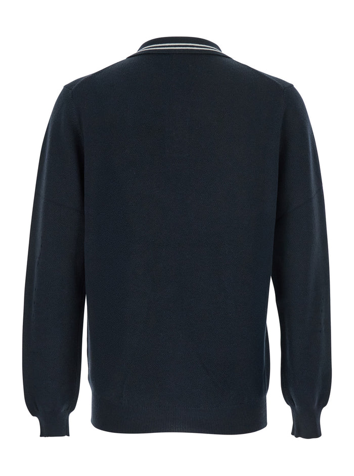 Blue Long-Sleeve Polo Shirt with Striped Collar and Logo Lettering Embroidery on the Front in Wool Cotton Blend Man Blu Tshirts
