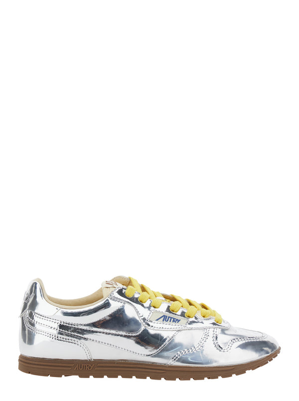 Silver Colored Low-Top Sneakers With Logo Metallic Mirror Pu Trainers