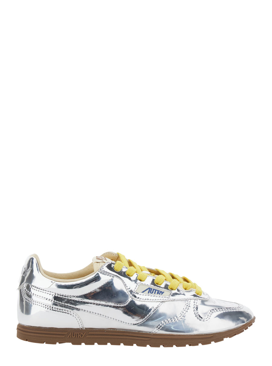 Silver Colored Low-Top Sneakers With Logo Metallic Mirror Pu Trainers