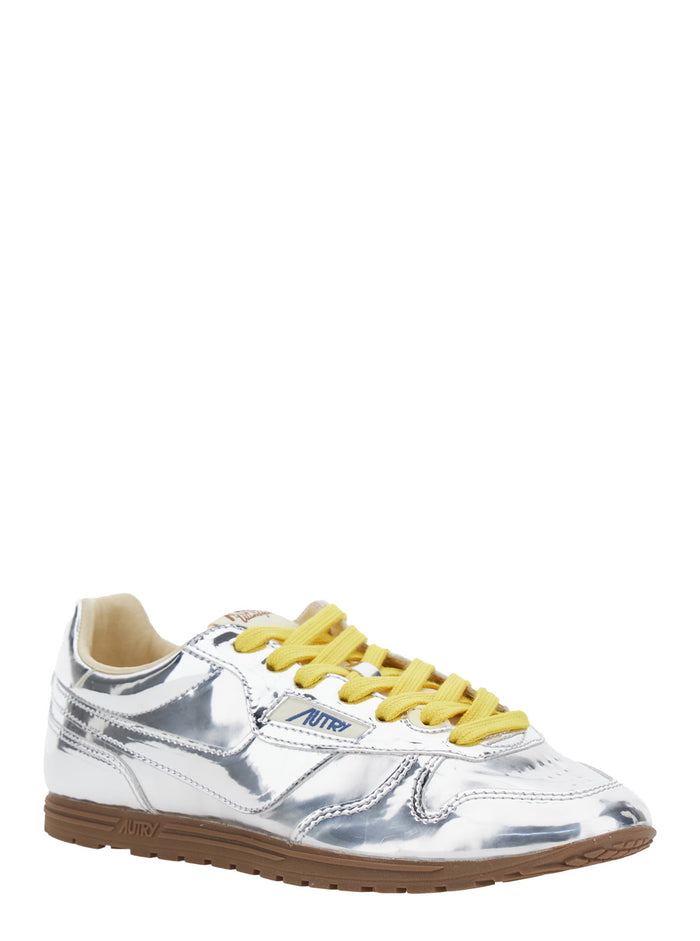 Windspin Low Silver Colored Sneaker with Logo on the Side in Shiny Fabric Woman Metallic Mirror Pu Nylon Cow Leather