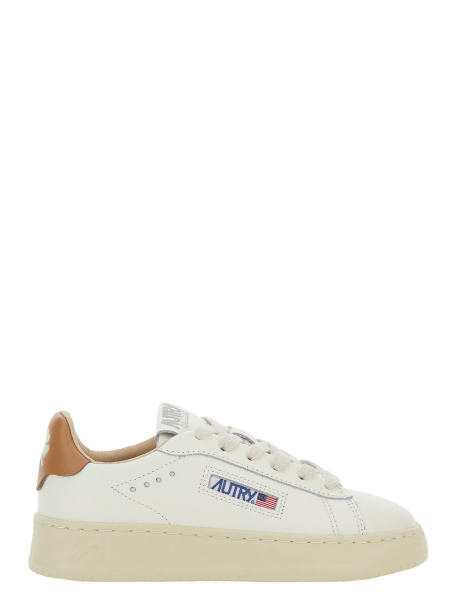 White Low Top Sneakers With Logo Patch Cow Leather Trainers