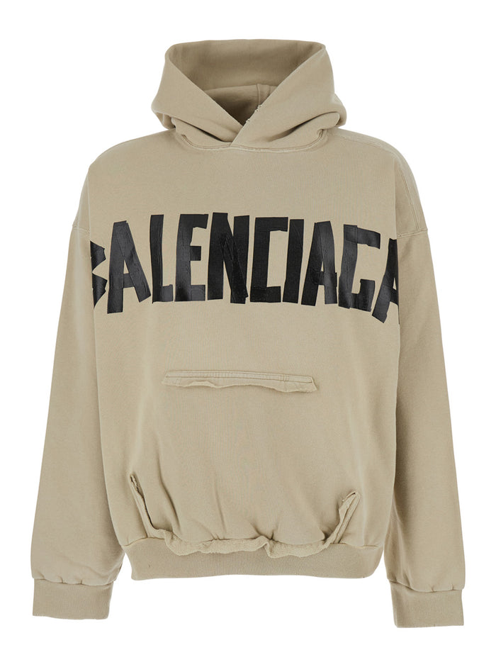 Beige Hoodie with Fixed Hood and Logo Lettering on Front Rear in Cotton Man Sweatshirts