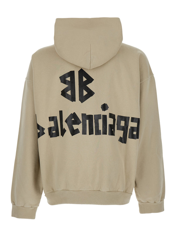 Beige Hoodie with Fixed Hood and Logo Lettering on Front Rear in Cotton Man Sweatshirts