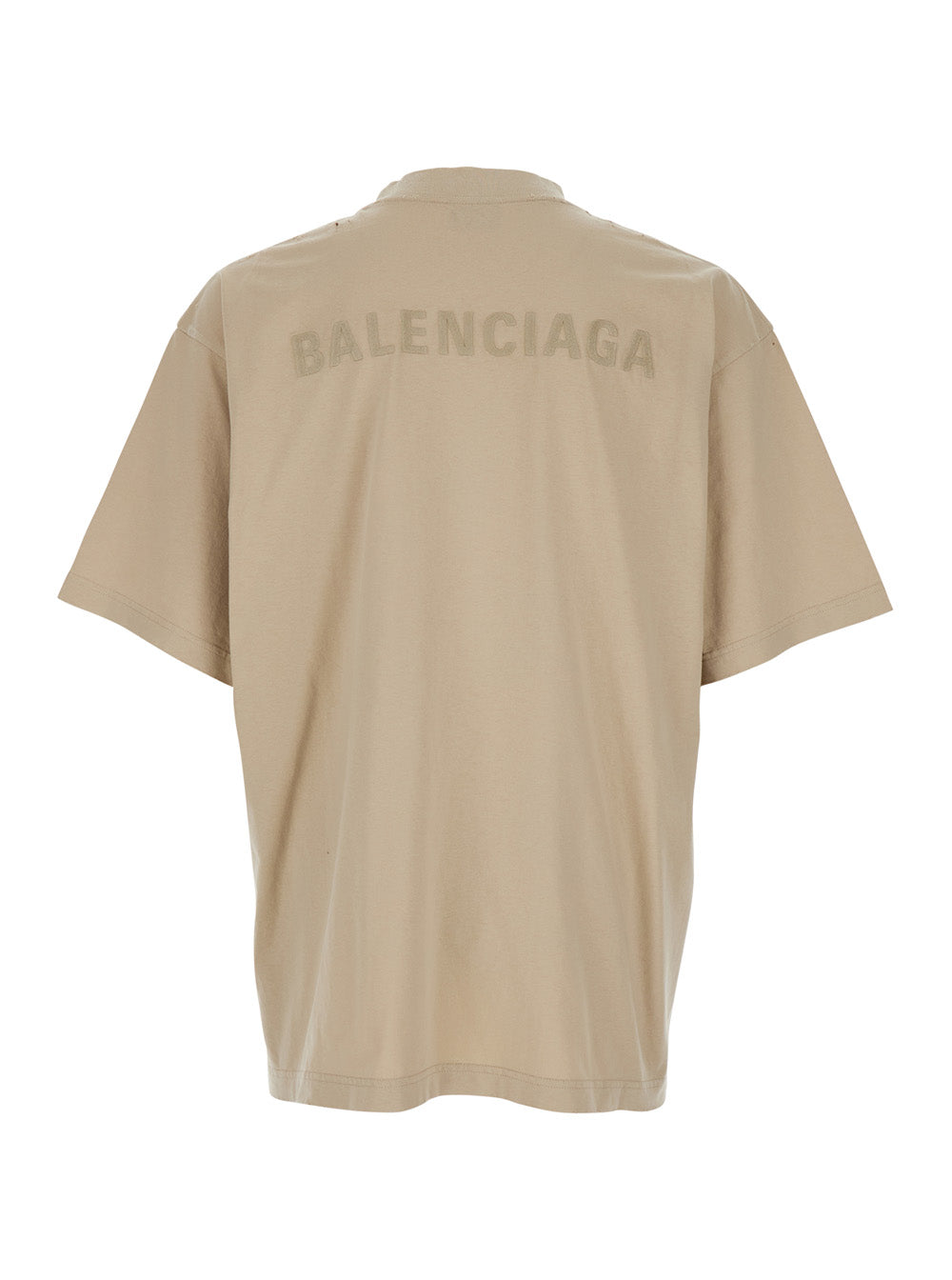 Beige Crewneck T-Shirt With Logo Lettering On Front And Rear Cotton Man Tshirts Polo Shirts