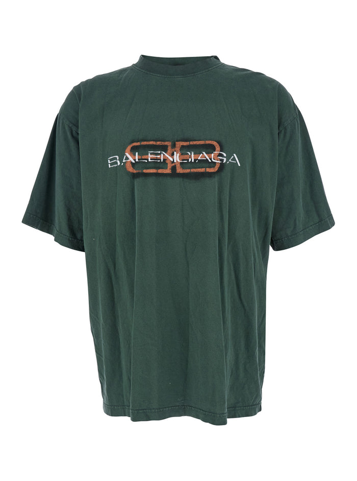 Green Crewneck T-Shirt with Logo on the Front in Cotton Man Tshirts And Polo Shirts