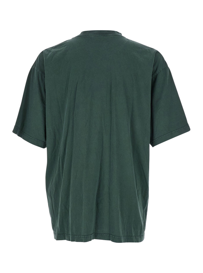 Green Crewneck T-Shirt with Logo on the Front in Cotton Man Tshirts And Polo Shirts