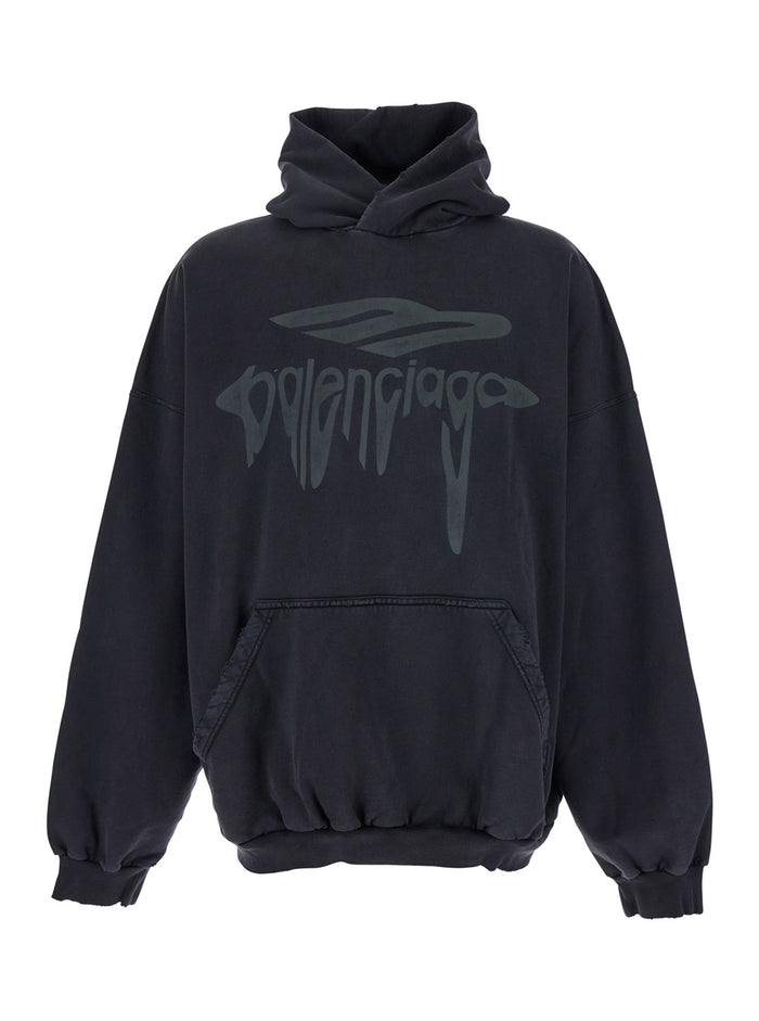 3B Liquified Black Hooded Sweatshirt with Front Logo in Cotton Man Sweatshirts