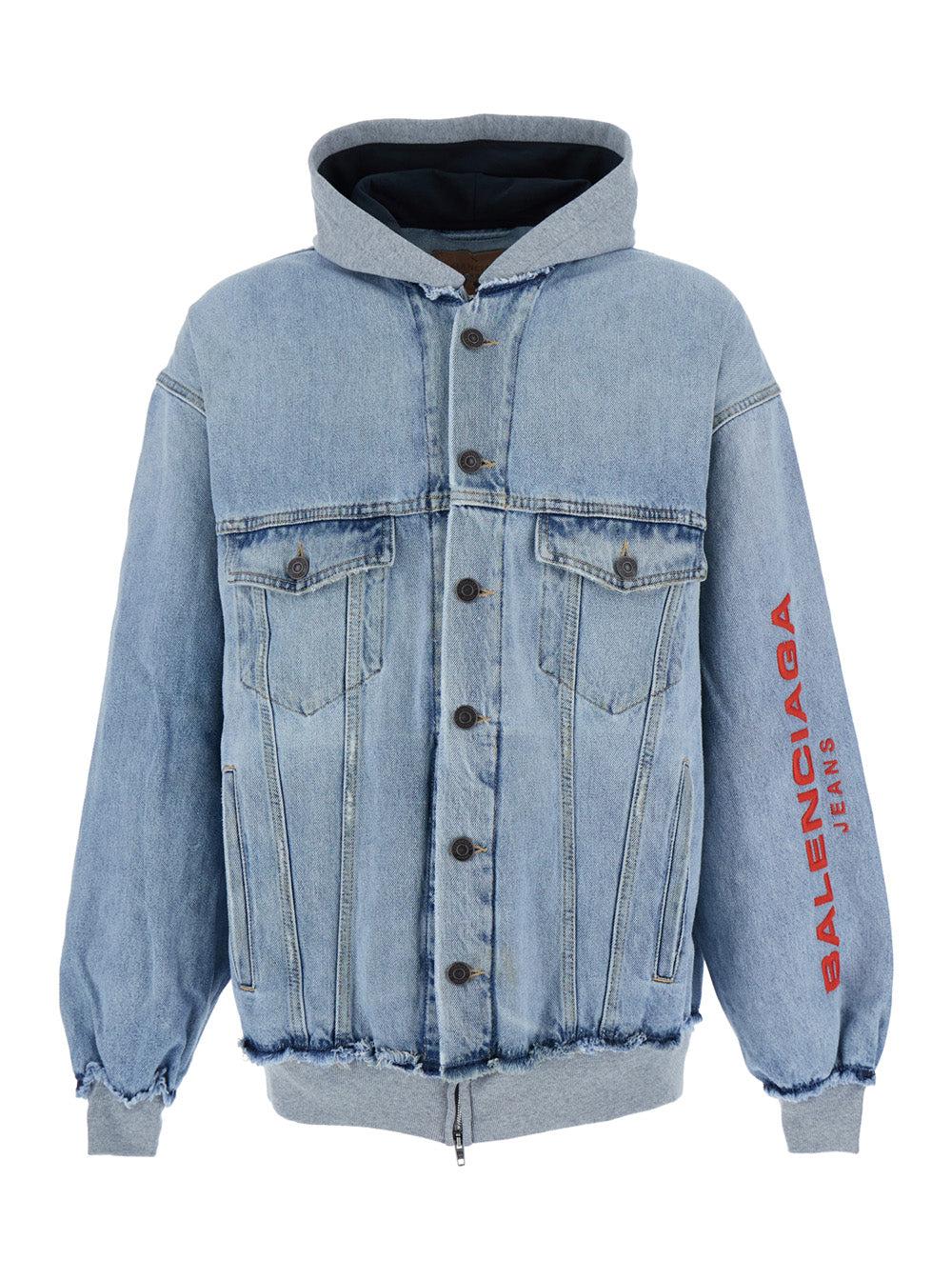 Light Blue Jacket with Fixed Hood and Maxi Logo Lettering on the Sleeve in Denim Man Cotton Outerwear