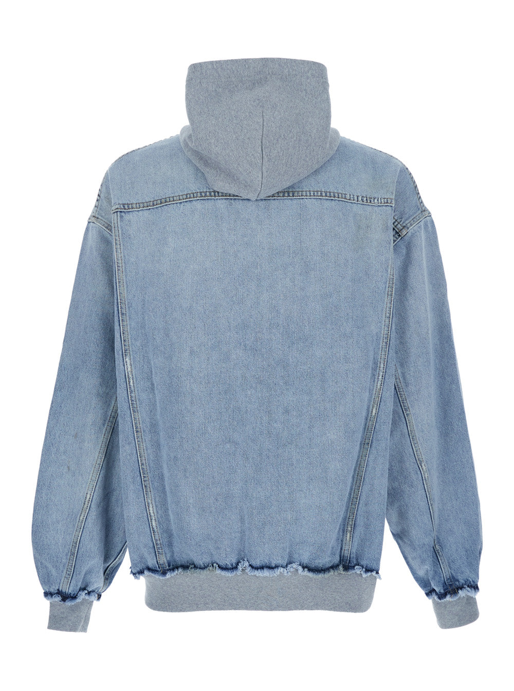 Light Blue Jacket with Fixed Hood and Maxi Logo Lettering on the Sleeve in Denim Man Cotton Outerwear