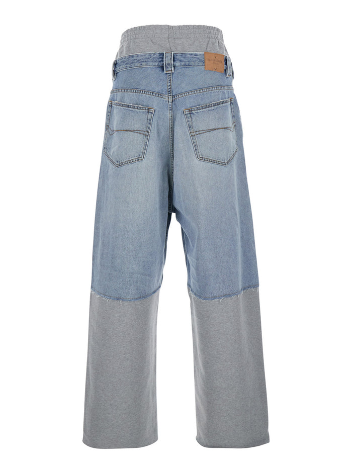 Light Blue Jeans with Fleece Inserts and Logo Lettering on the Front in Cotton Denim Man Trousers