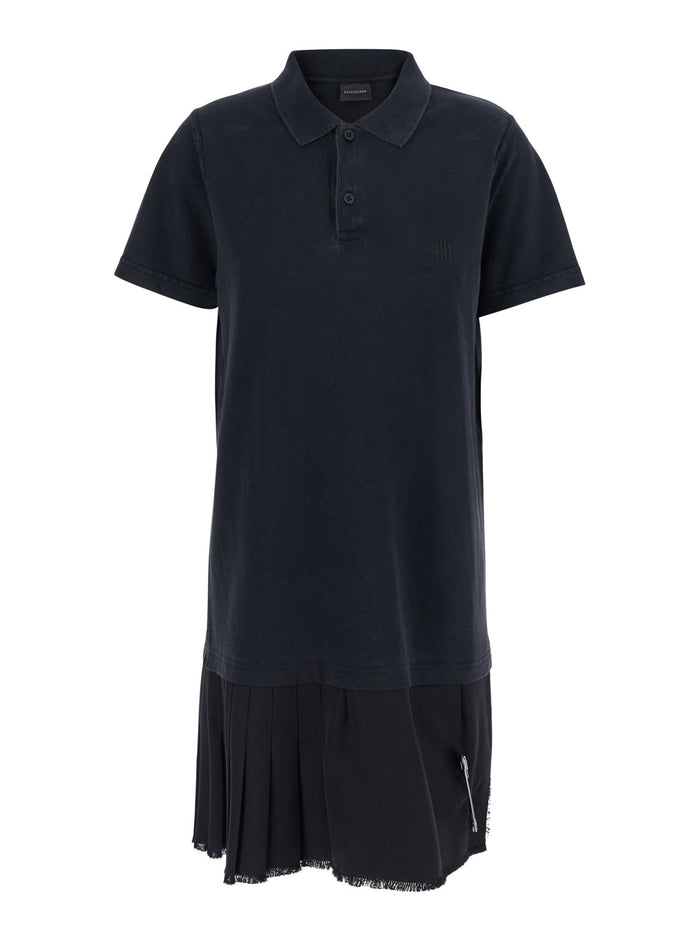 Black Layered Dress With Polo Shirt Style Collar And Safety Pin Detail Cotton Woman