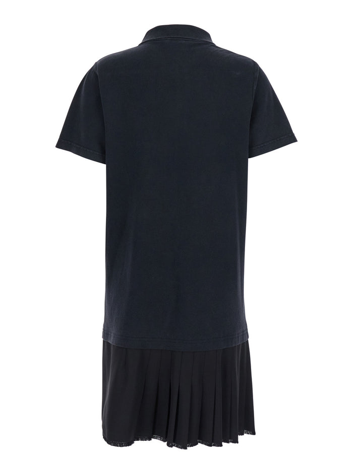Black Layered Dress With Polo Shirt Style Collar And Safety Pin Detail Cotton Woman