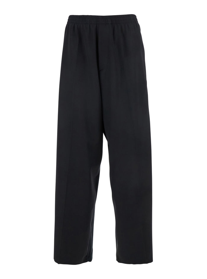 Black Pants with Elastic Waist in Wool Man Trousers