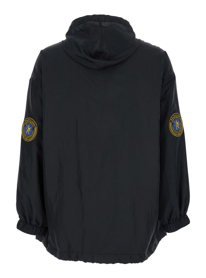 Black Jacket with Logo Lettering on the Front and Patch Elbow in Tech Fabric Man Polyester Outerwear