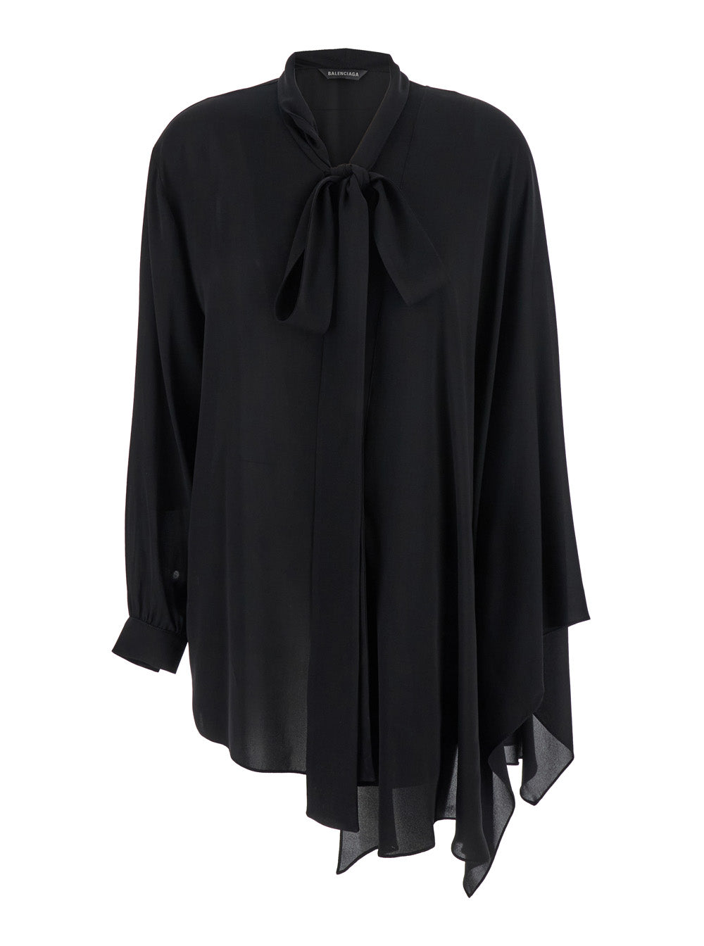 Black Blouse with Pussybow Collar and Asymmetric Design in Silk Woman Shirts Blouses