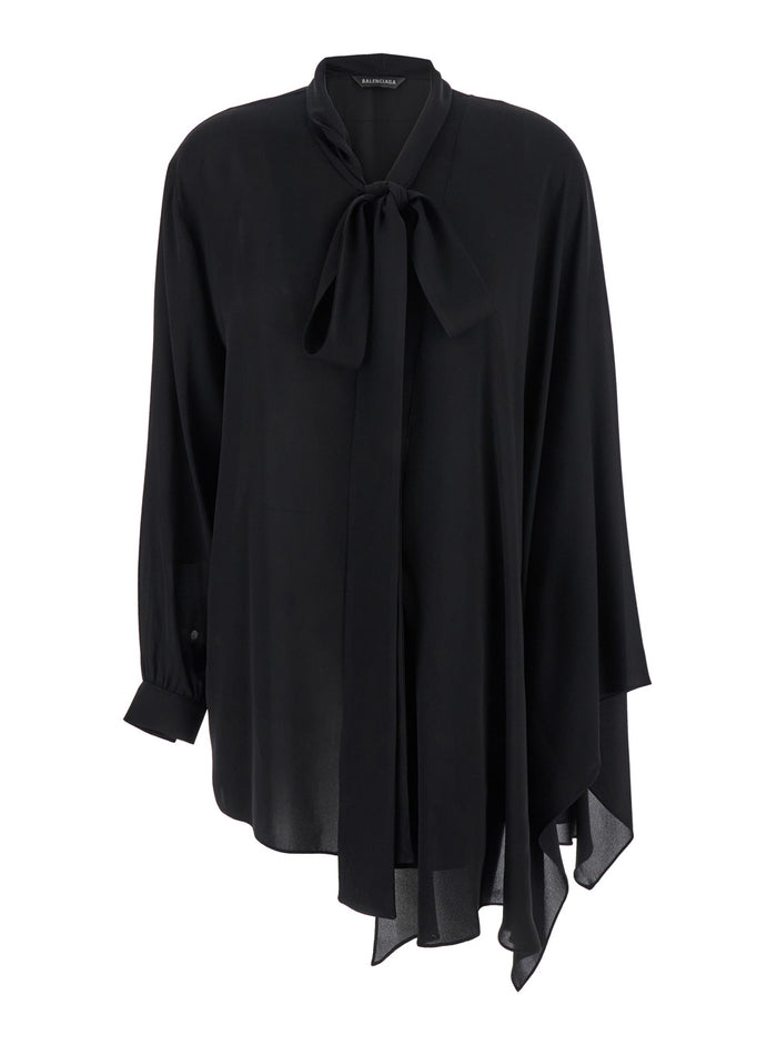 Black Blouse with Pussybow Collar and Asymmetric Design in Silk Woman Shirts Blouses