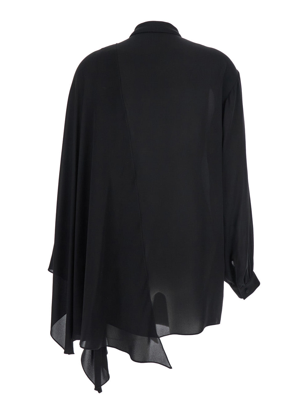 Black Blouse with Pussybow Collar and Asymmetric Design in Silk Woman Shirts Blouses