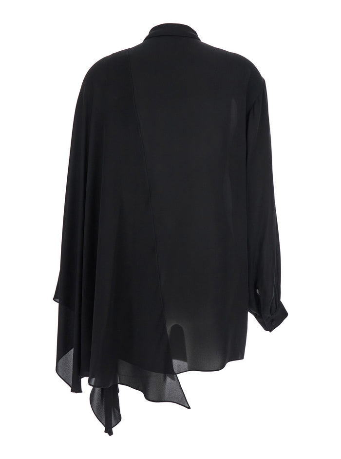 Black Blouse with Pussybow Collar and Asymmetric Design in Silk Woman Shirts Blouses