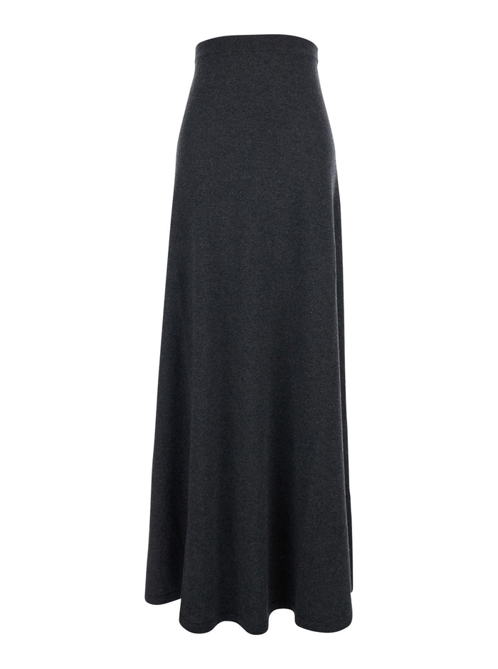 Grey Flared Skirt With Pleated Details And Elastic Ribbed Waist Wool Woman
