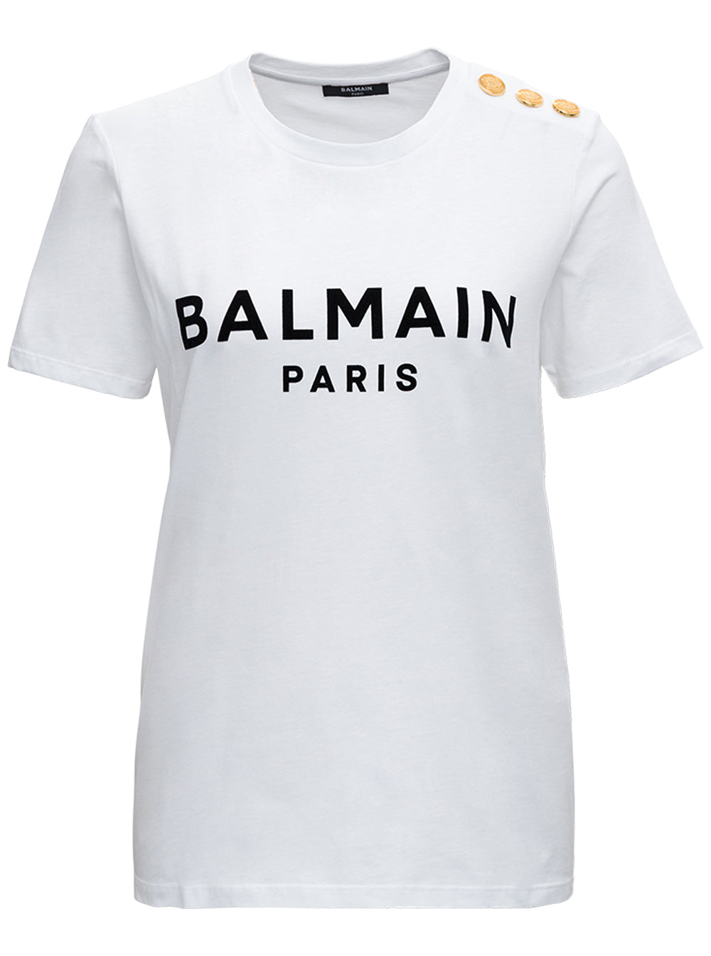White Crewneck T-Shirt with Logo Print and Golden Buttons in Jersey Woman Organic Cotton Tshirts Polo Shirts